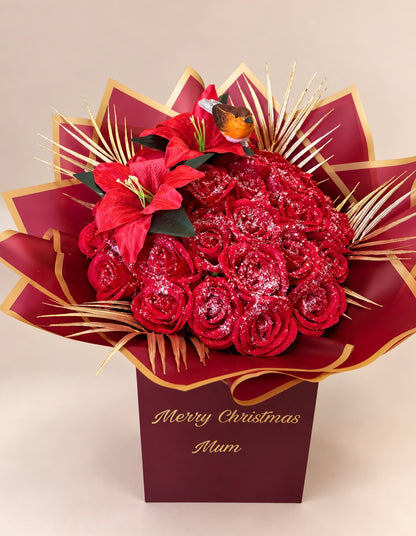 Snowy Christmas Robin & Lily Bouquet – Personalised Luxury Christmas Flowers