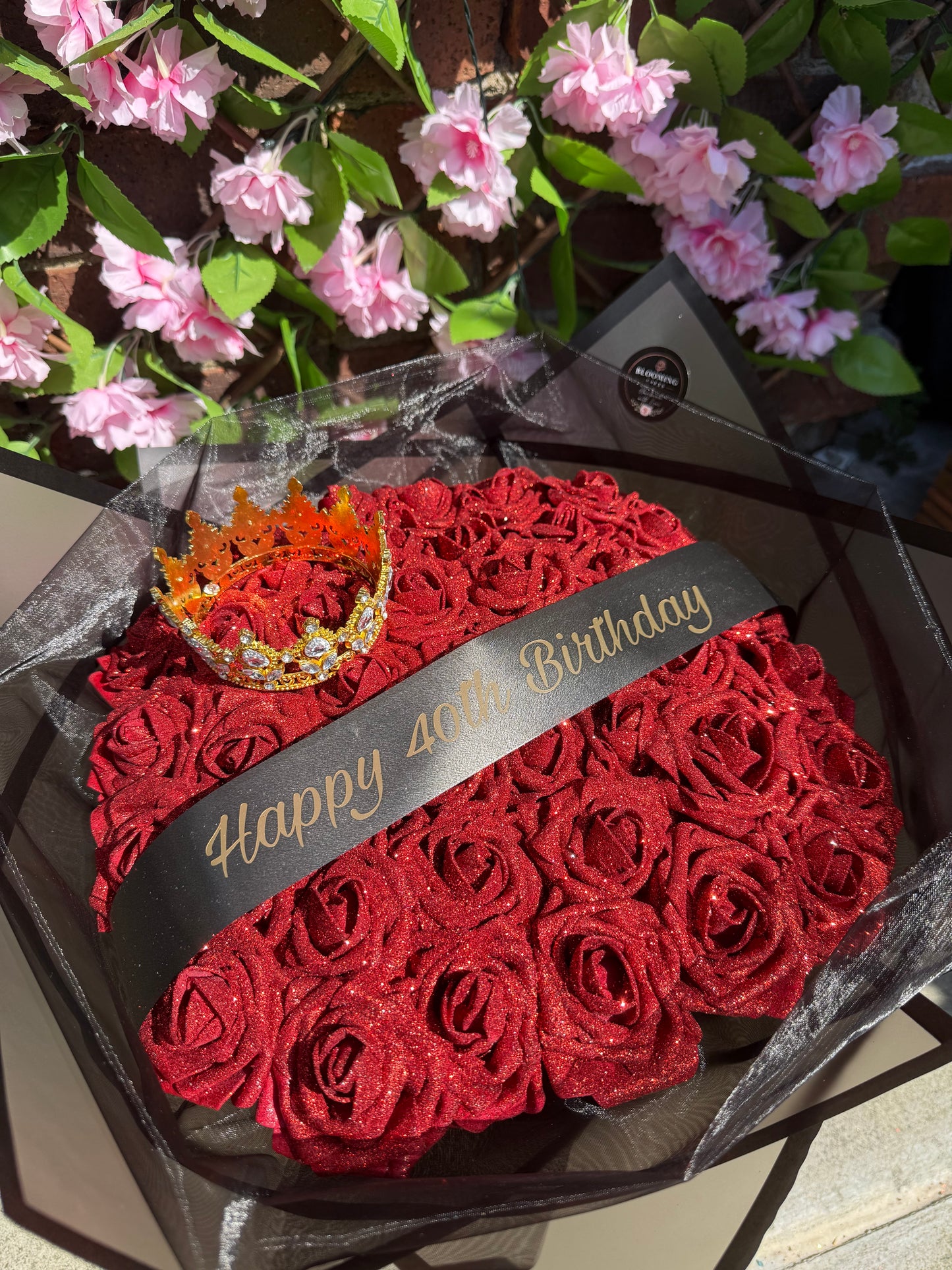 Personalised Red Glitter Rose Black Bouquet with Optional Crown