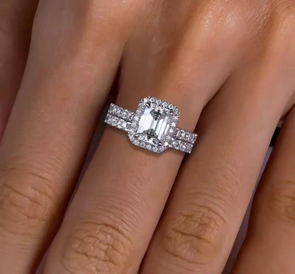 3CT Emerald Cut Silver Moissanite Engagement Ring Set