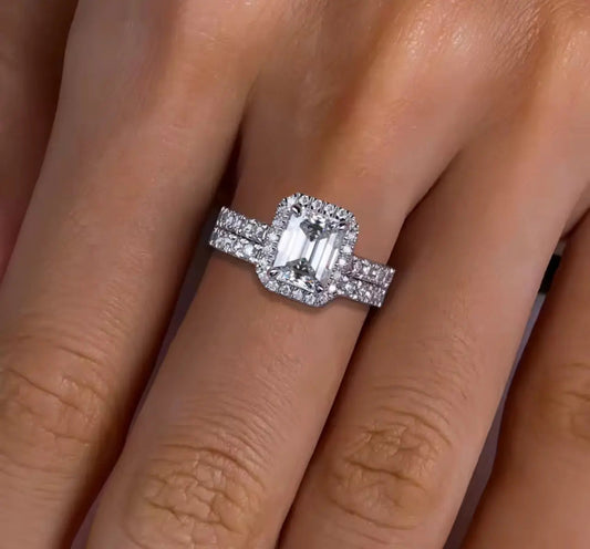 3CT Emerald Cut Silver Moissanite Engagement Ring Set
