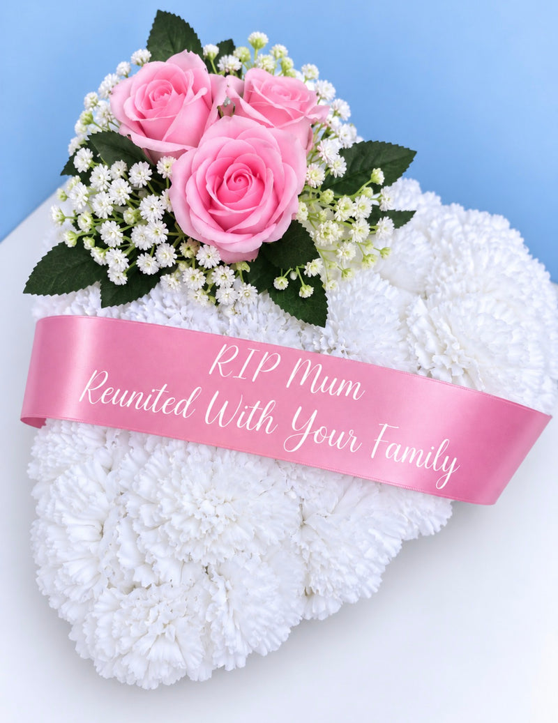 Personalised Heart Funeral Tribute Artificial Flowers with Custom Memorial Ribbon
