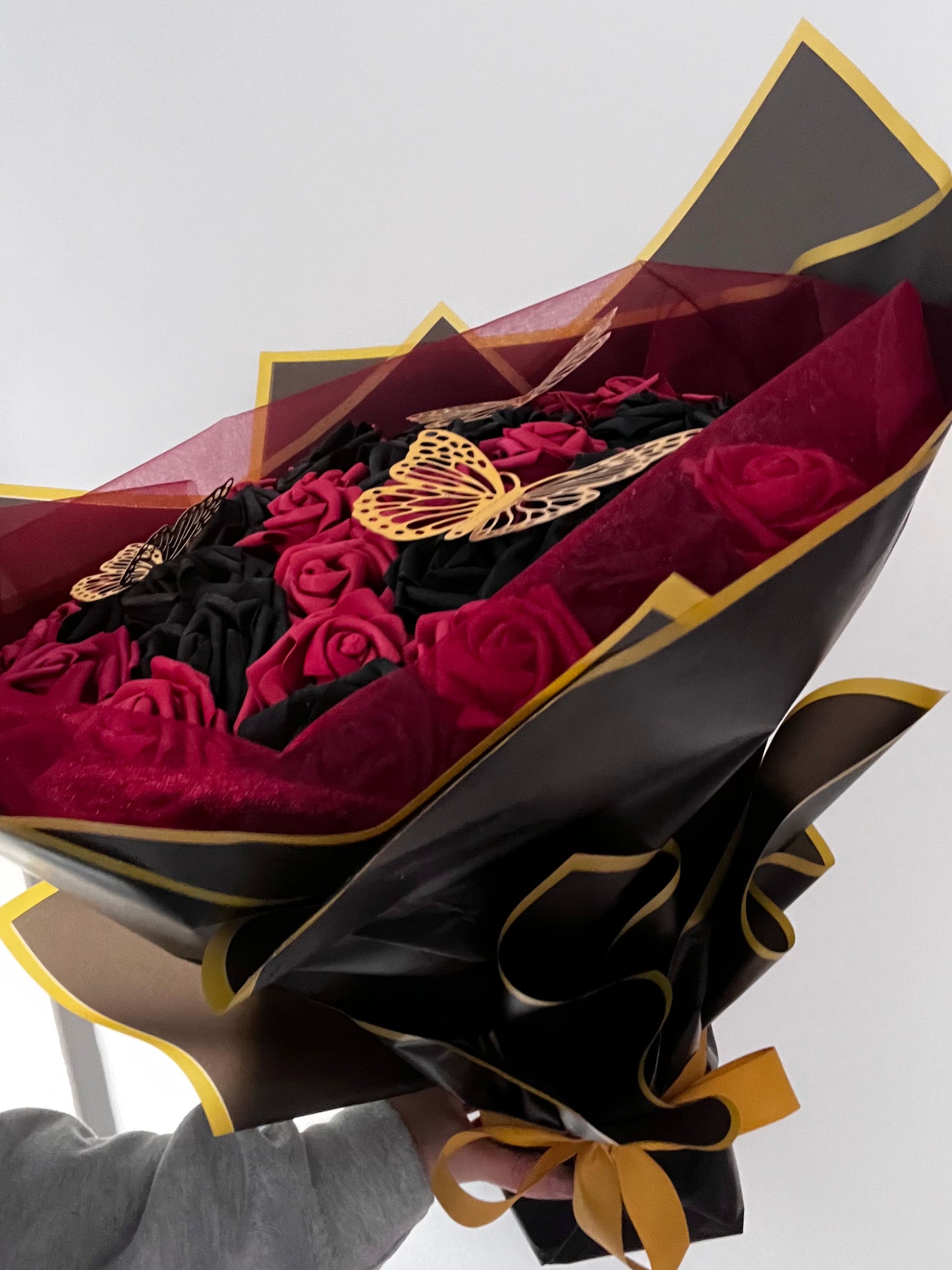 Red & Black Rose Bouquet With Gold Butterfly’s