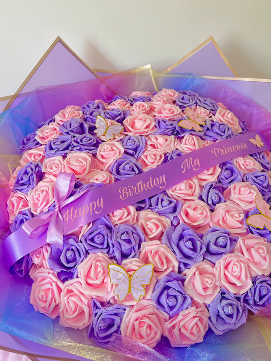 100 Glitter Rose Purple / Pink Large Flower Bouquet Gift