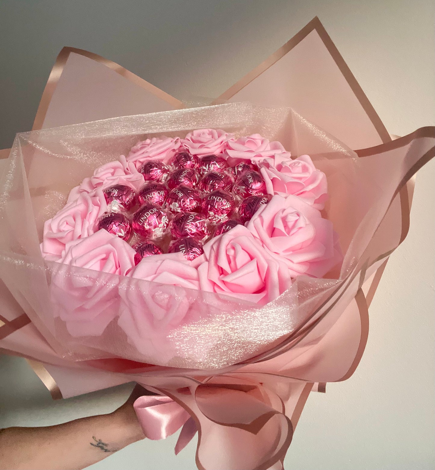 All Pink Handcrafted Lindor Chocolate Rose Flower Bouquet