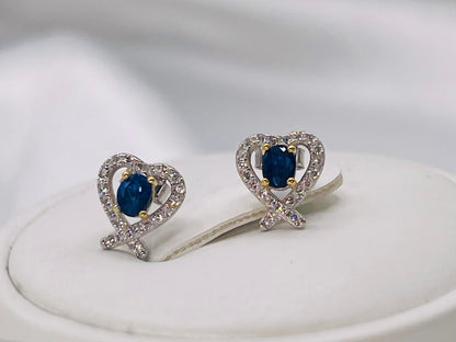 Natural Sapphire Love Heart Silver Stud Earrings