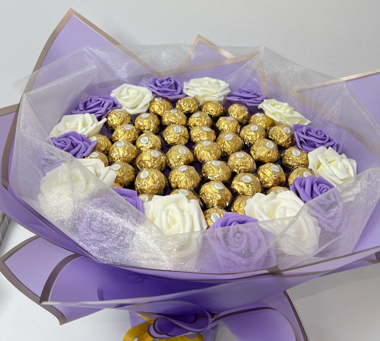 Ferrero Rocher Chocolate Rose Bouquet Purple & Cream