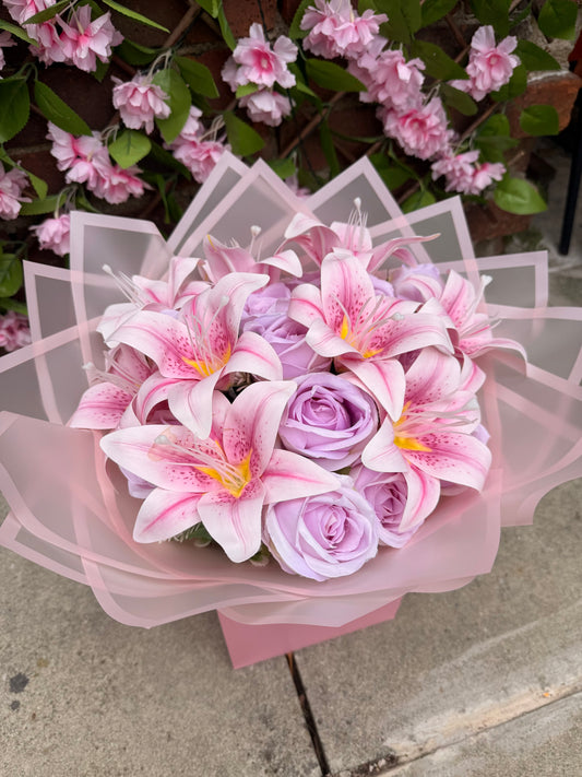 Pink Lily & Lilac Lavender Rose Luxury Artificial Flower Bouquet Gift Box