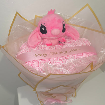 Pink Glitter Rose Bouquet With Angel (stitch) Teddy
