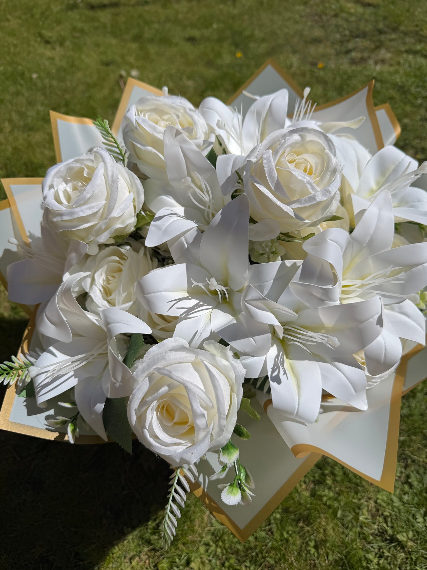 Large Artificial White Lily & Rose Bouquet in Gift Flower Bag Elegant Faux Floral Arrangement