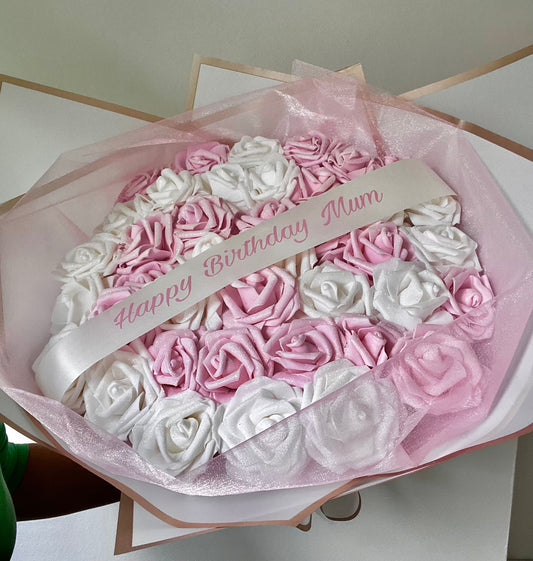 Pink & White Glitter Rose Personalised Rose Bouquet