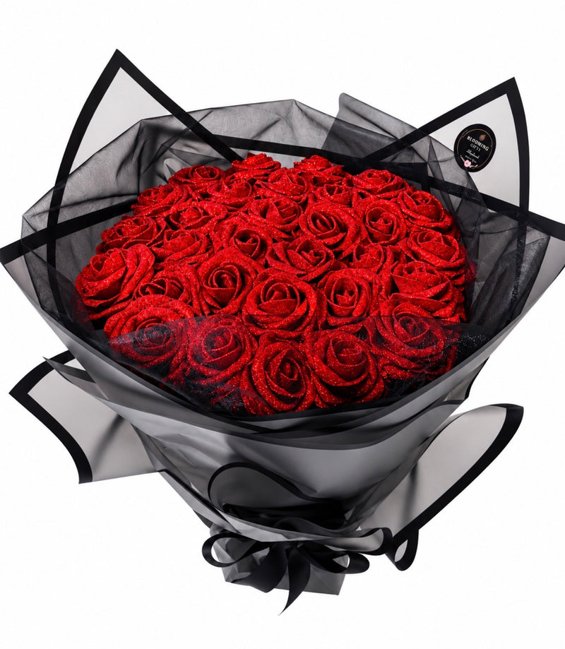 Luxury Red Glitter Rose Bouquet | Black Wrapped Forever Roses