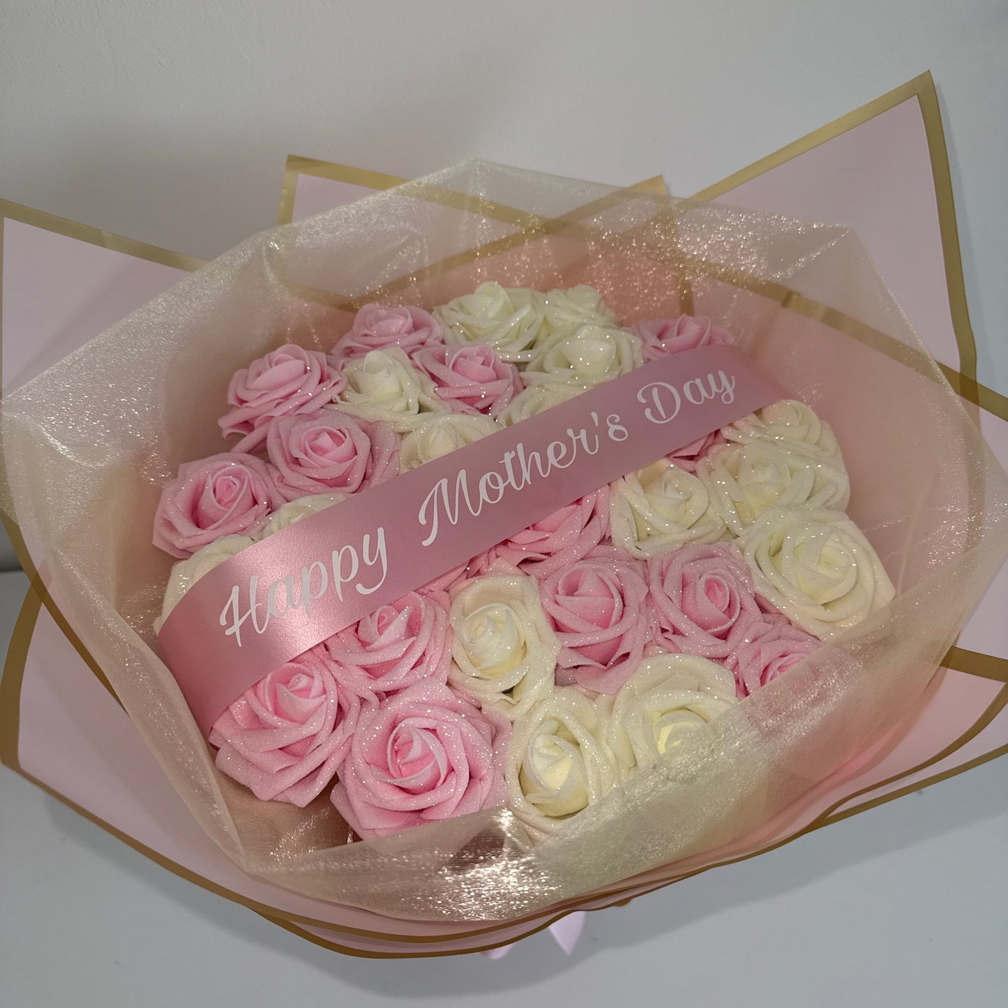 Pink & Ivory Glitter Rose Flower Bouquet - Blooming Gifts