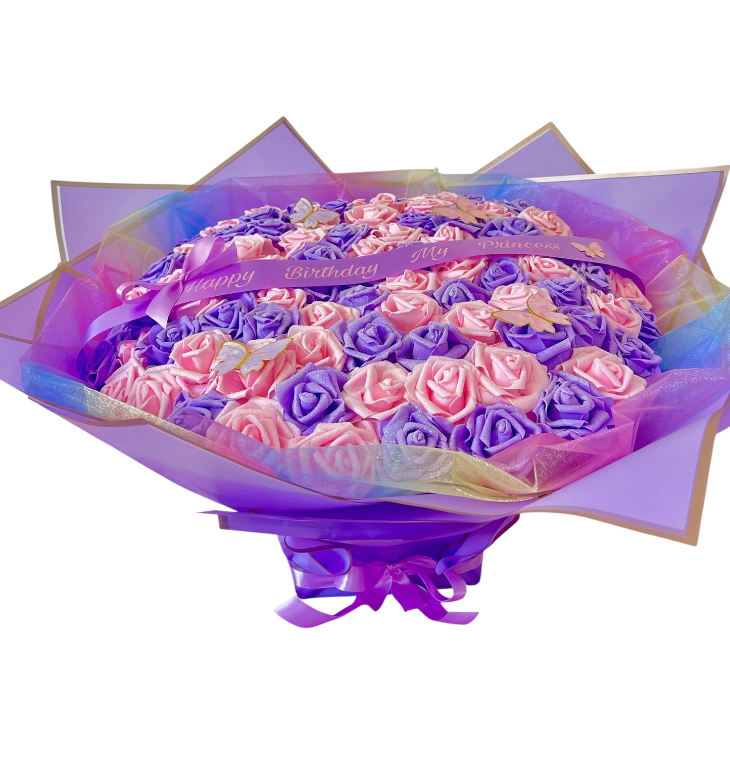 100 Glitter Rose Purple / Pink Large Flower Bouquet Gift