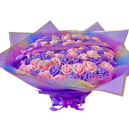 100 Glitter Rose Purple / Pink Large Flower Bouquet Gift