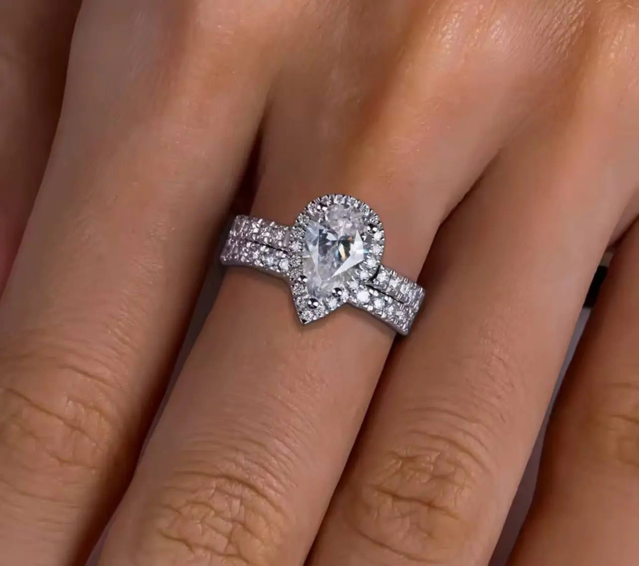 3CT Moissanite Pear Cut Silver Engagement Ring Set