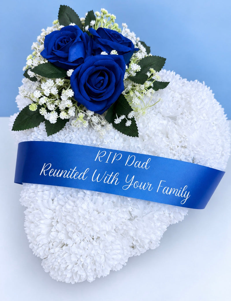 Personalised Heart Funeral Tribute Artificial Flowers with Custom Memorial Ribbon