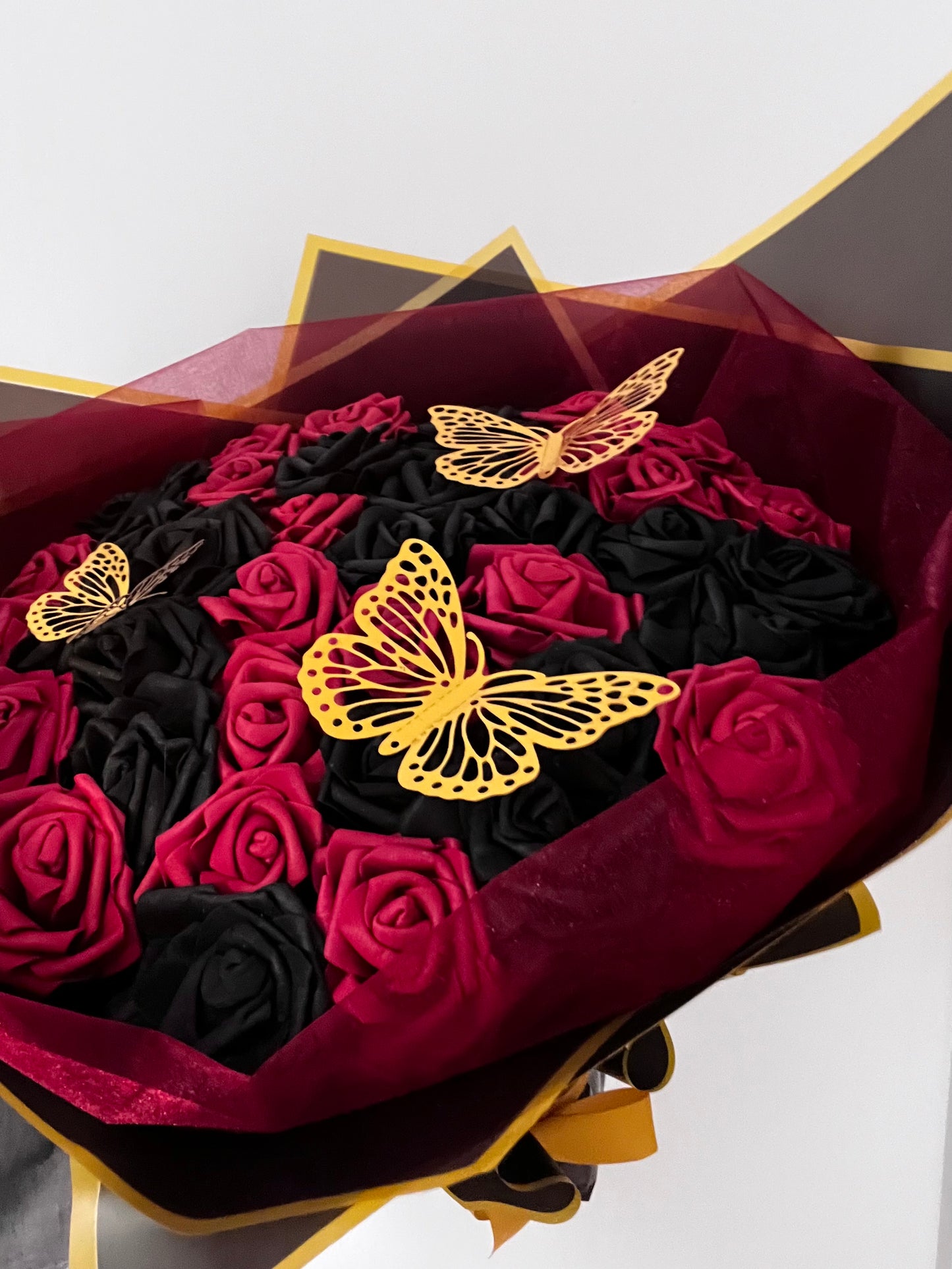 Red & Black Rose Bouquet With Gold Butterfly’s