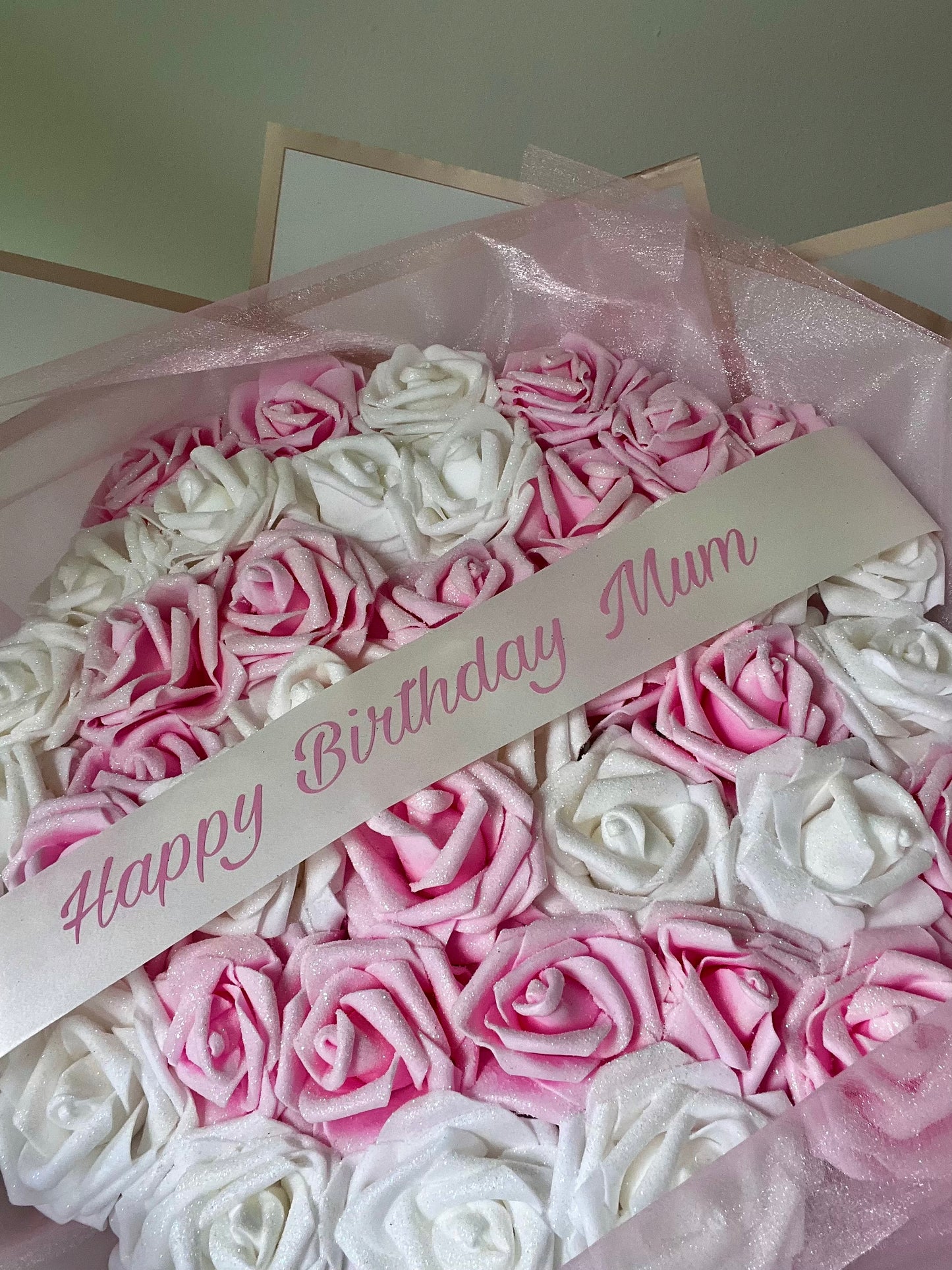 Pink & White Glitter Rose Personalised Rose Bouquet