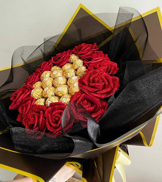 Hand Crafted Red Glitter Rose Ferrero Rocher Chocolate Bouquet