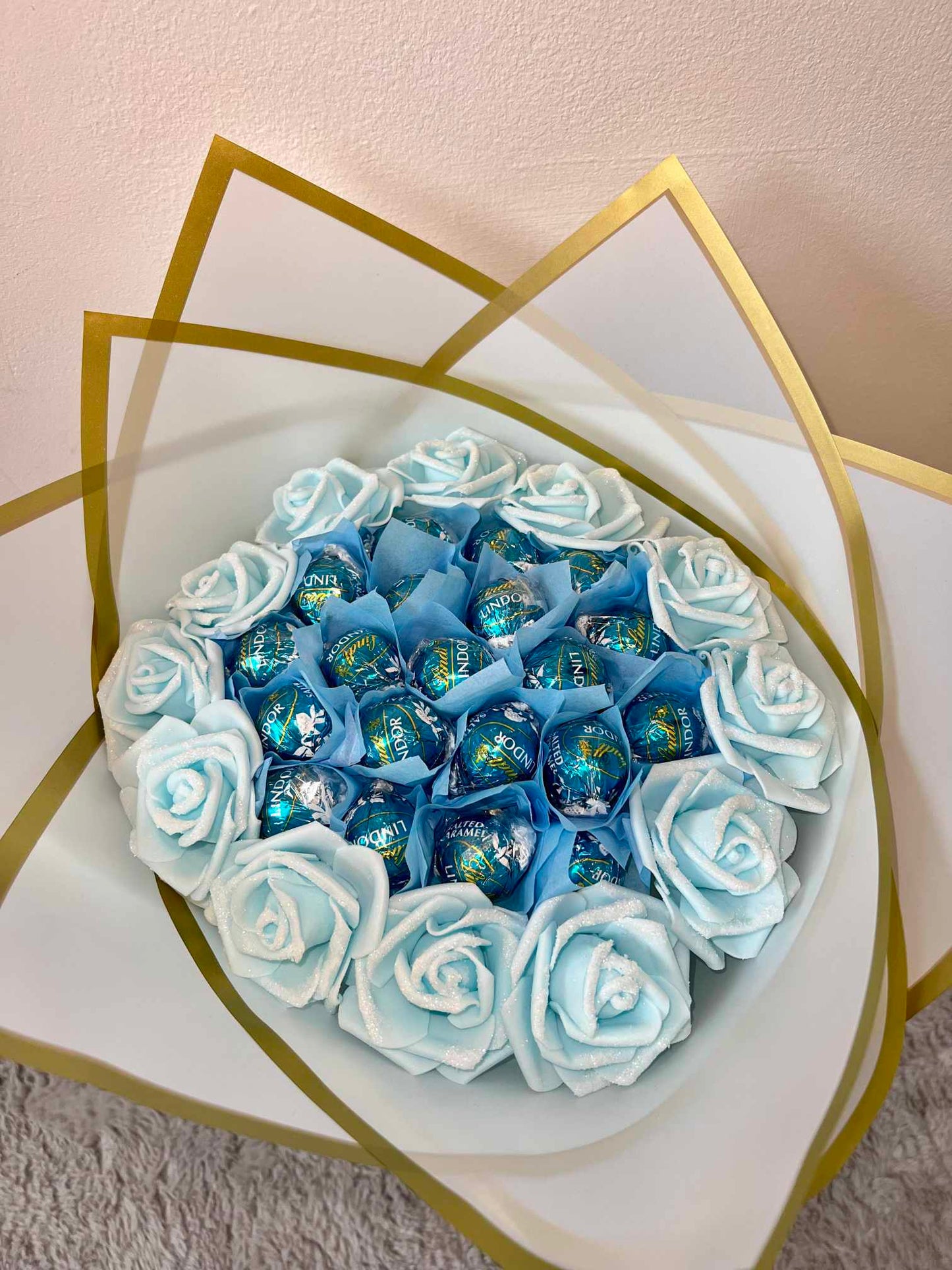 Hand Crafted Blue Lindor Chocolate Glitter Rose Bouquet