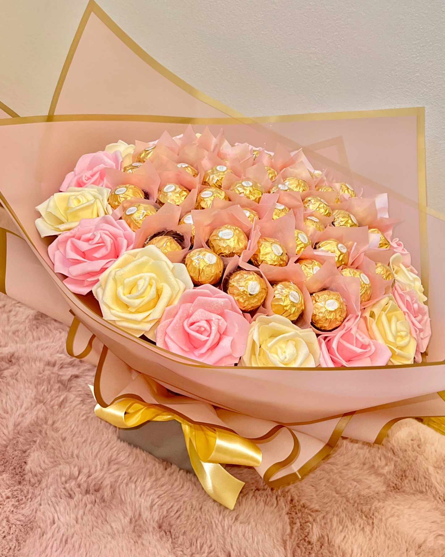 Hand Crafted Ferrero Rocher Pink Glitter Rose Chocolate Bouquet