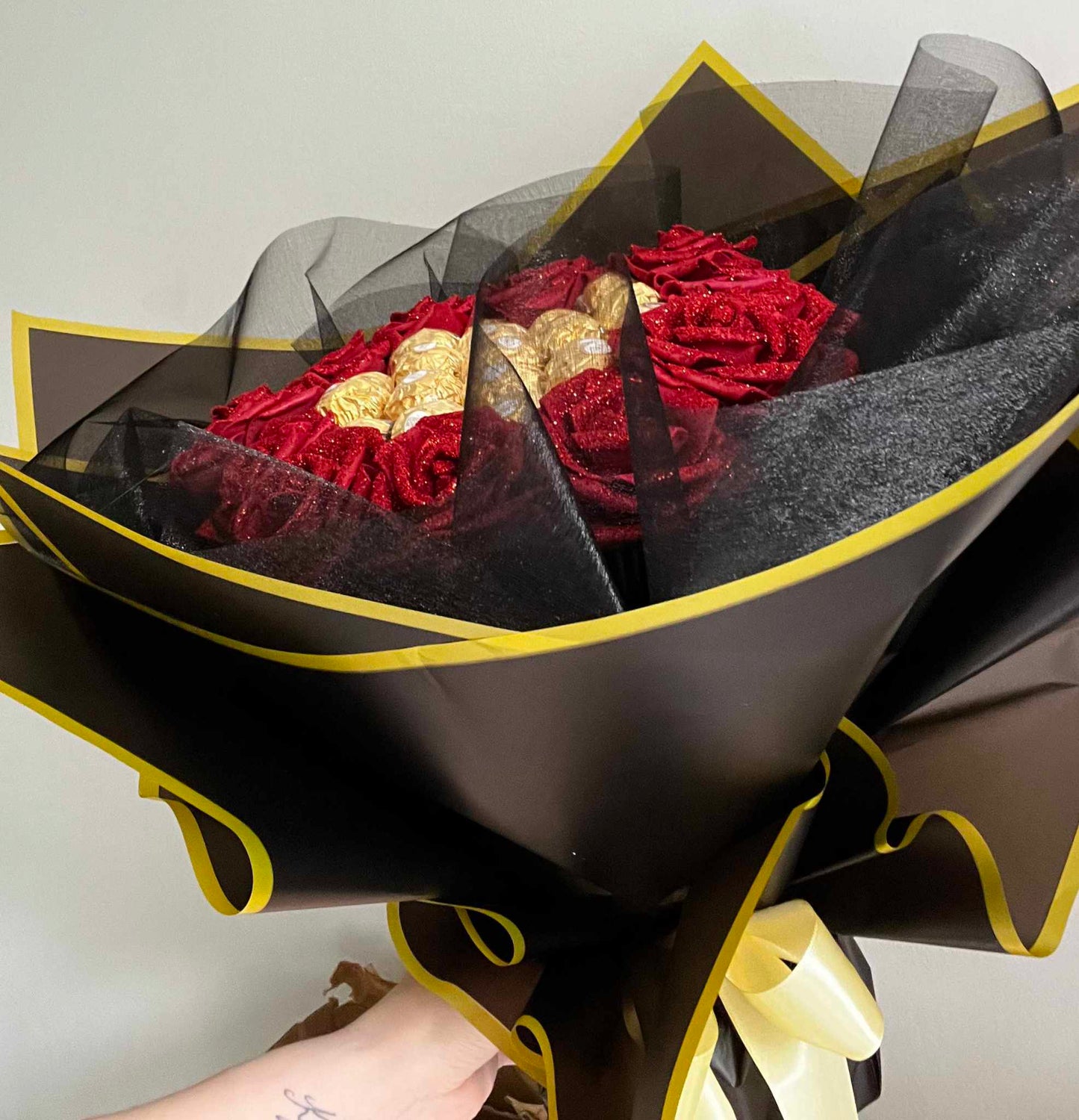 Hand Crafted Red Glitter Rose Ferrero Rocher Chocolate Bouquet