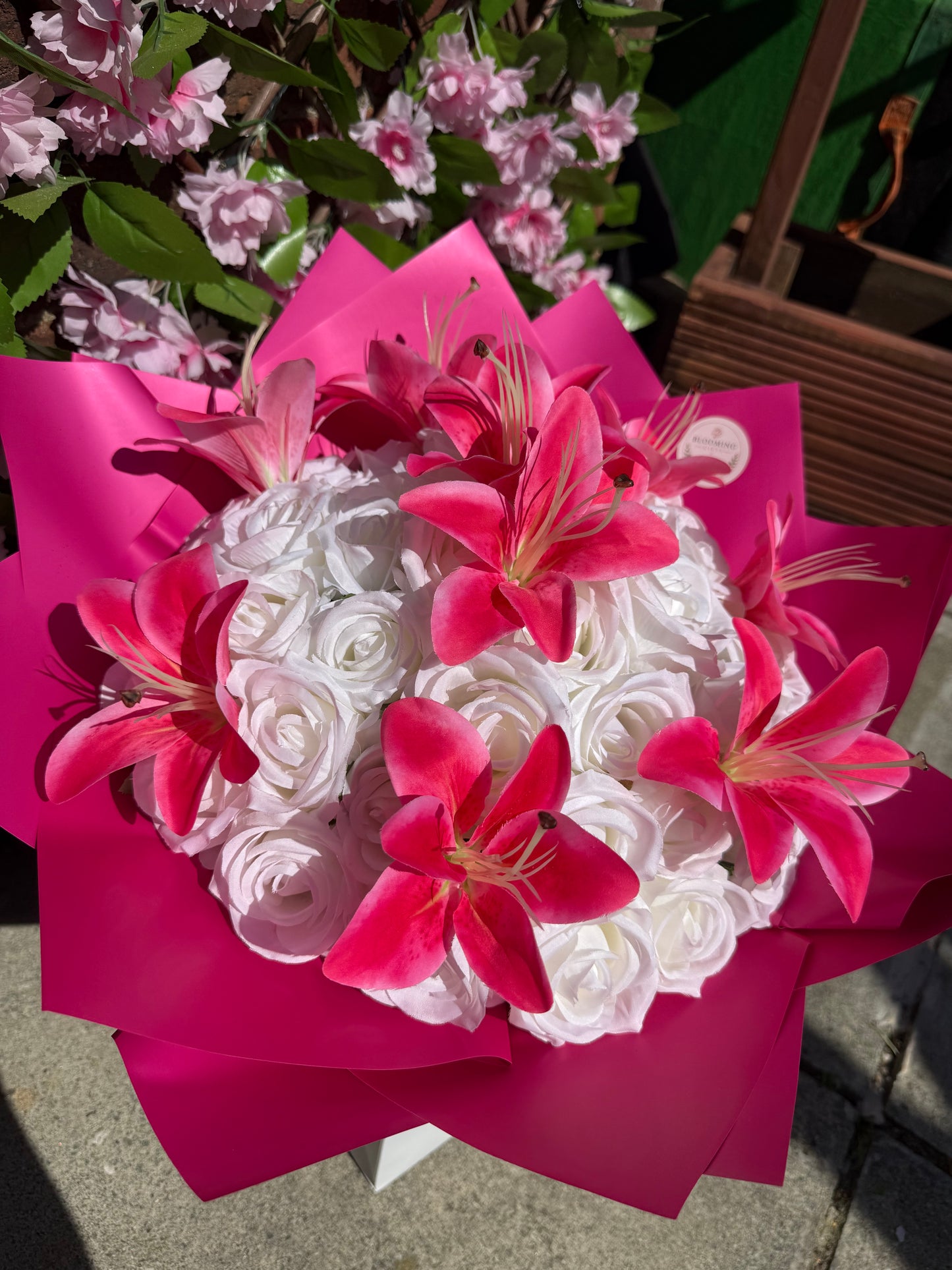 Personalised Hot Pink Lilys White Rose Bouquet