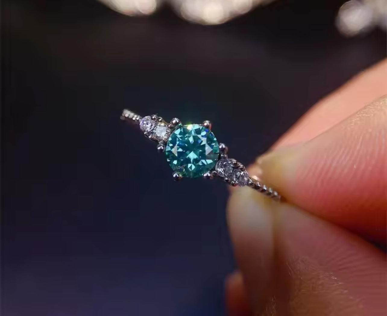 Green Moissanite 6 Claw Silver Engagement Ring