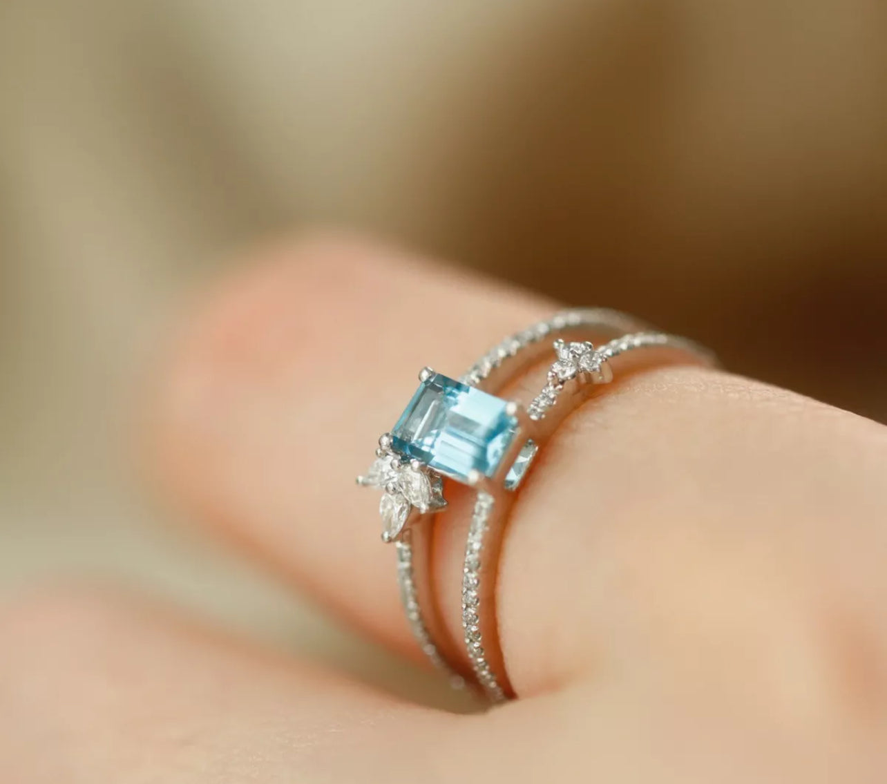 Blue Emerald Cut Double Band Womens Adjustable Ring