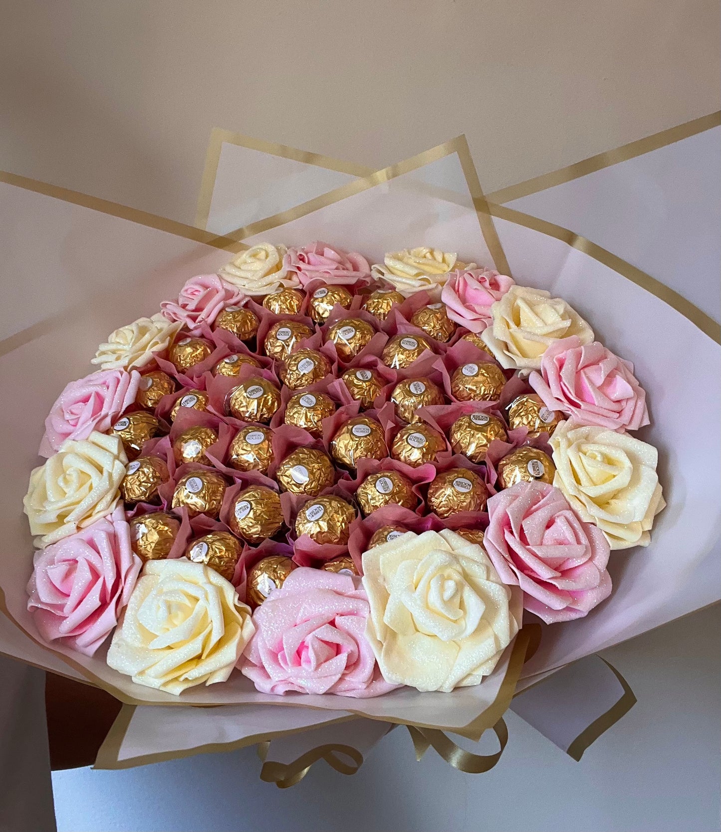 Large Pink & Cream Glitter Rose Ferrero Rocher Chocolate Bouquet Gift