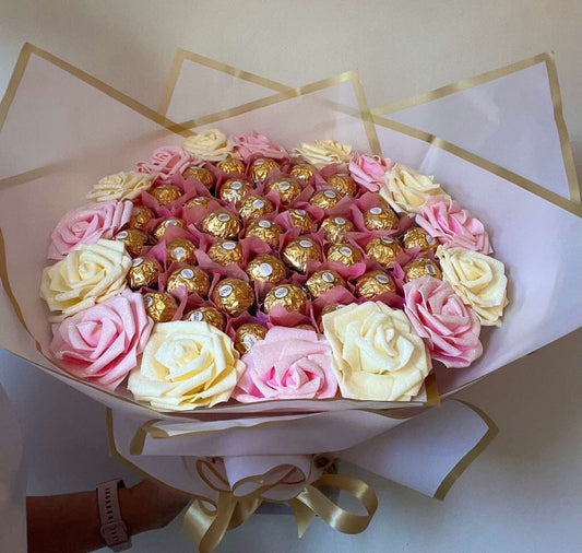 Ferrero Rocher Chocolate Rose Bouquet Pink & Cream
