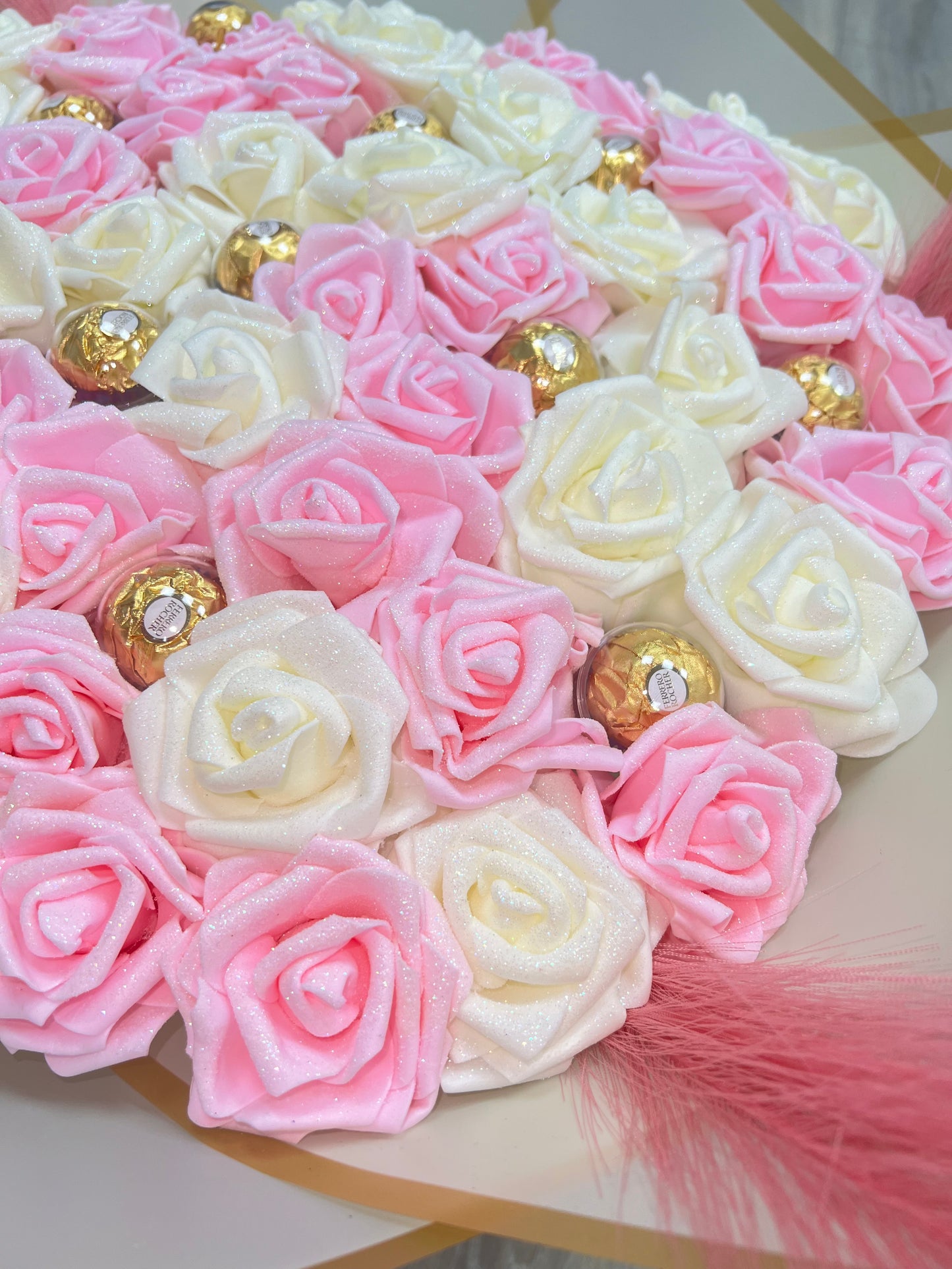 Hand Crafted Pink And Cream Large Chocolate Glitter Rose Bouquet