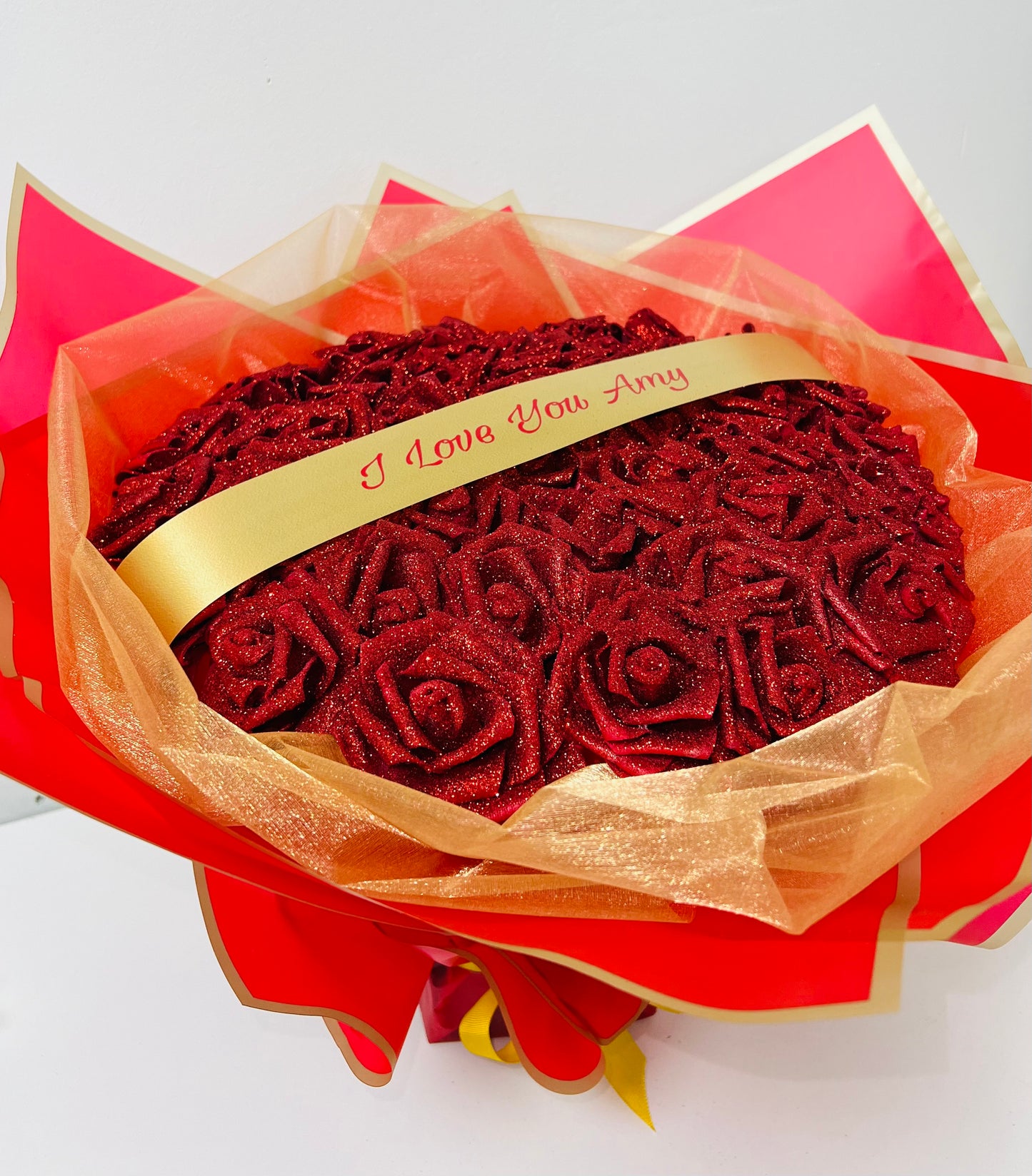 Personalised Red & Gold Glitter Rose Flower Bouquet Any Occasion Gift