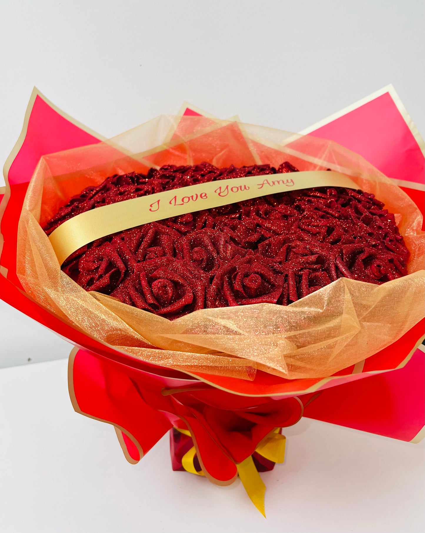 Personalised Red & Gold Glitter Rose Flower Bouquet Any Occasion Gift