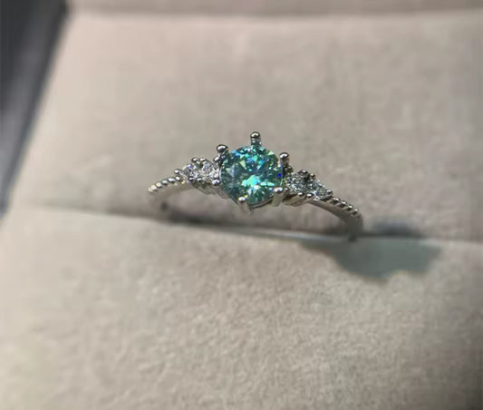 Green Moissanite 6 Claw Silver Engagement Ring