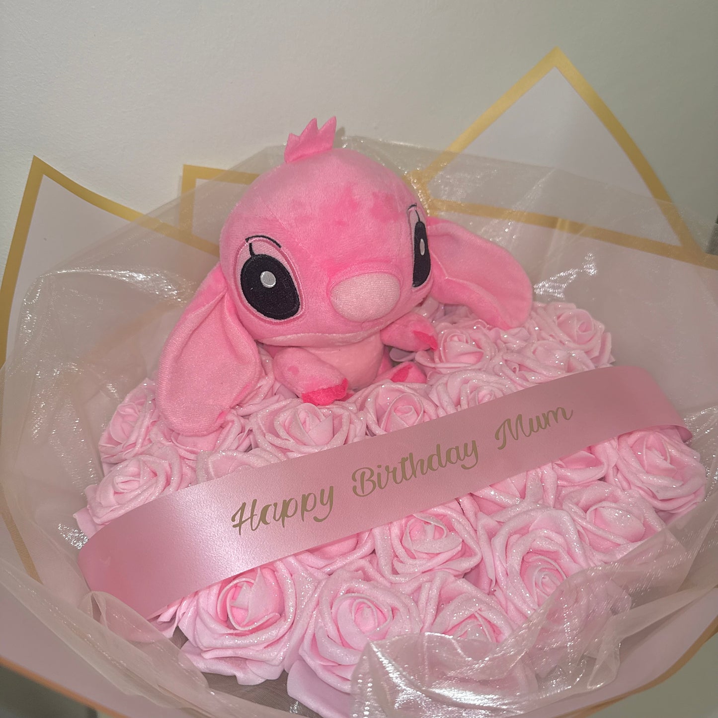 Pink Glitter Rose Bouquet With Angel (stitch) Teddy