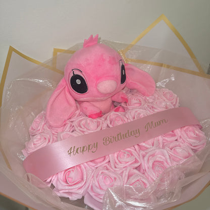 Pink Glitter Rose Bouquet With Angel (stitch) Teddy
