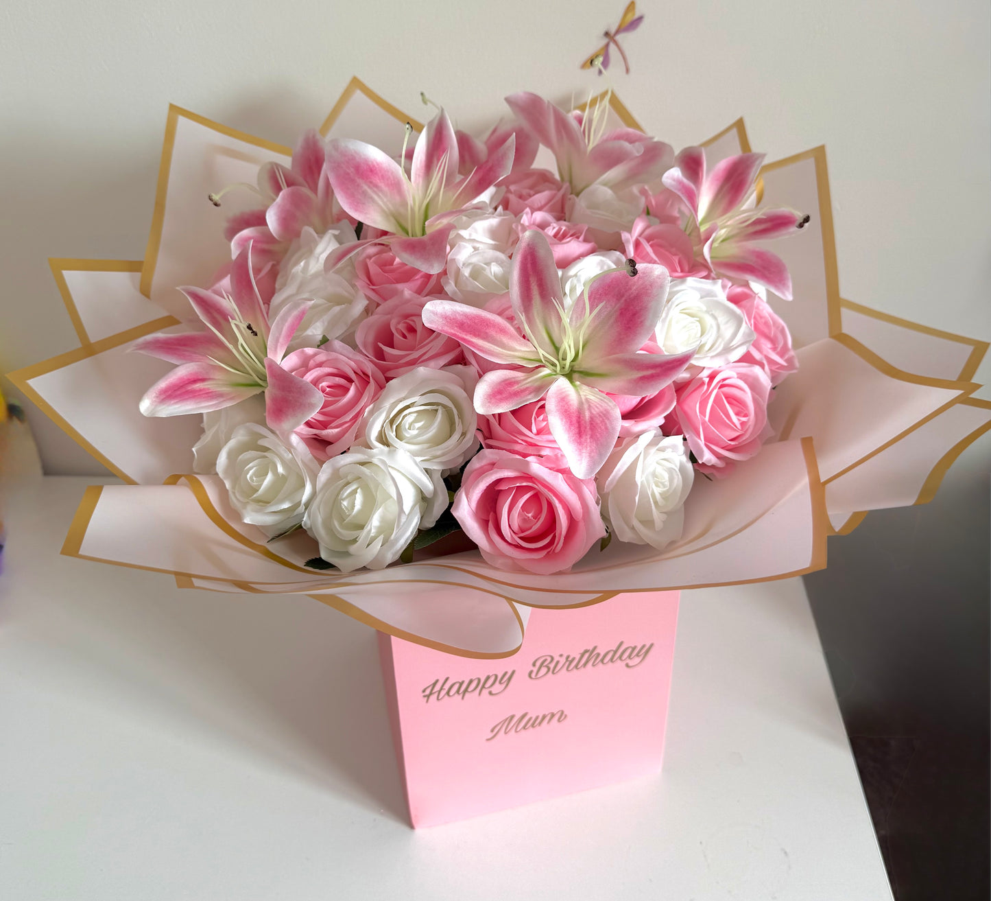 Personalised Flower Bouquet Gift Box Luxury Pink & White Rose & Lily Floral Arrangement for Any Occasion