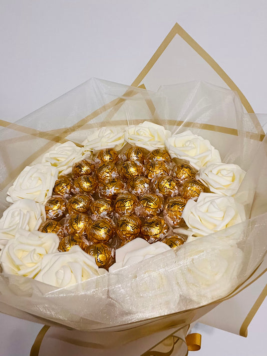 White Lindt White Chocolate Gold & Cream Rose Bouquet Gift