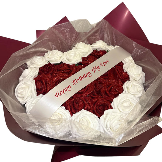 Love Heart Red & White Glitter Rose Personalised Bouquet