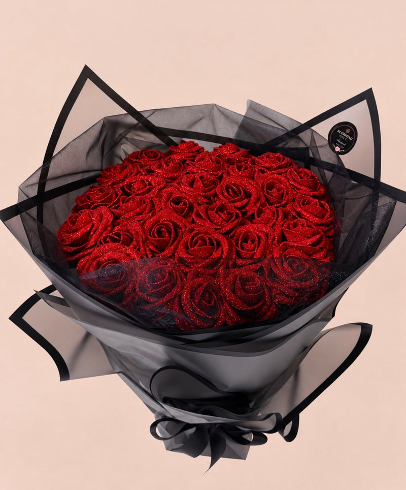 Luxury Red Glitter Rose Bouquet | Black Wrapped Forever Roses