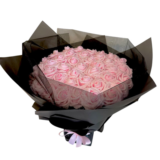 Pink Glitter Rose Bouquet With Black Wrapping