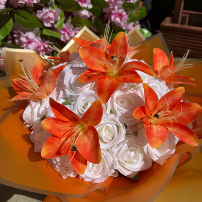 Personalised Orange Lily & White Rose Forever Flower Bouquet