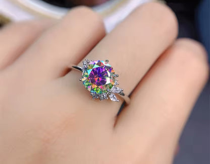 2ct Rainbow Moissanite Silver Statement Ring