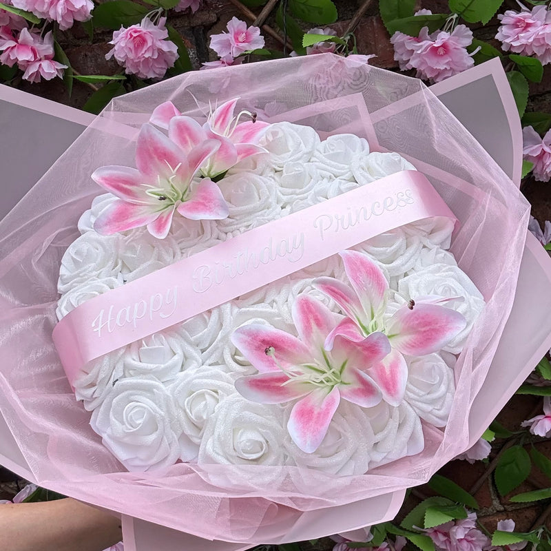 Personalised White Glitter Rose Bouquet With Pink Lilies