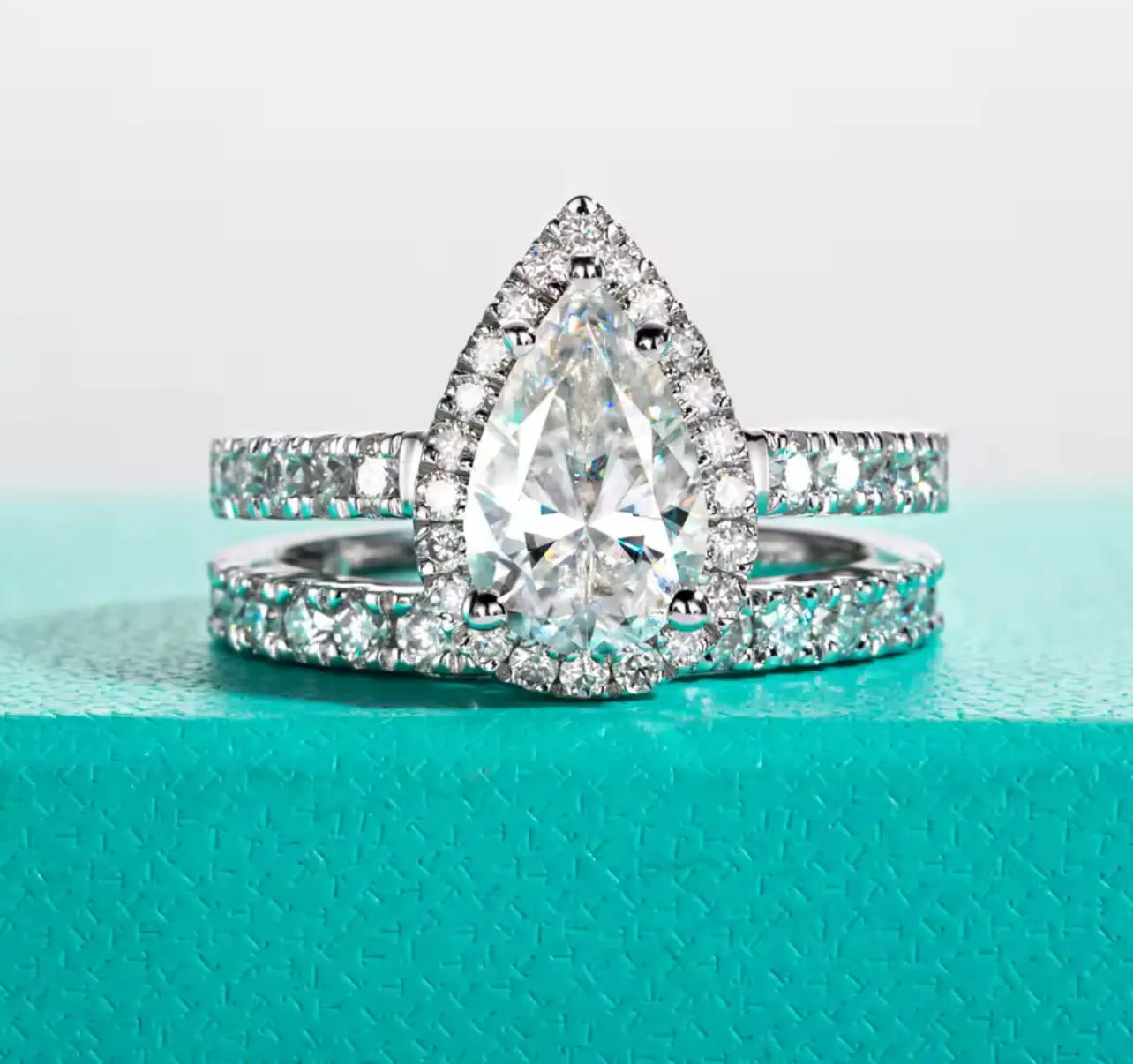 3CT Moissanite Pear Cut Silver Engagement Ring Set