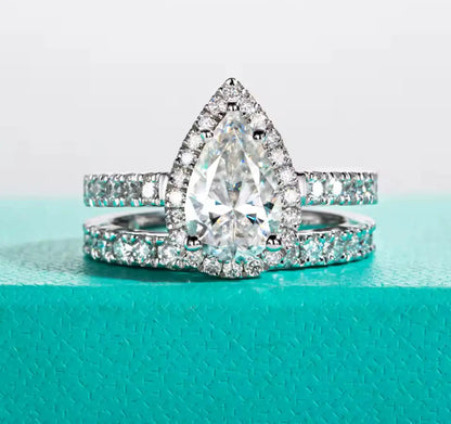 3CT Moissanite Pear Cut Silver Engagement Ring Set