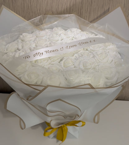 White Glitter Rose Personalised Gold Bouquet