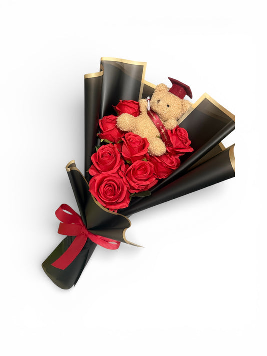 Graduation Teddy Bouquet With Red Roses Gift