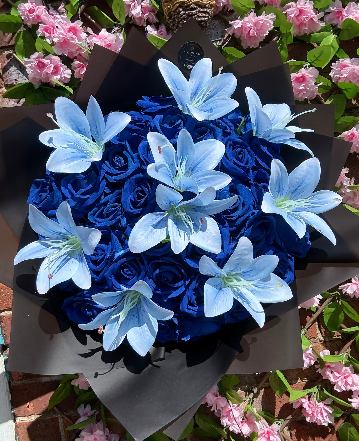 Personalised Royal Blue Rose & Blue Lily Forever Flower Bouquet